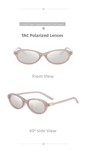 Détail de lunettes de soleil ovales violettes polarisées avec verres miroir argent
