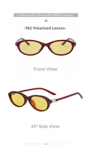 Gros plan de lunettes de soleil ovales bordeaux avec verres polarisés TAC jaunes