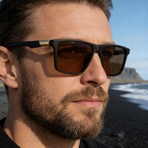 Gros plan de lunettes de soleil carrées noir mat avec détail en métal doré sur la branche