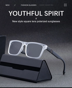 Detail of square polarized sunglasses with matte frame and textured temples on a case