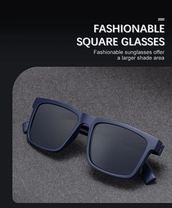 Detail view of square matte navy blue polarized sunglasses with wide UV400 lenses