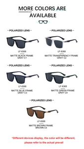 Présentation de cinq lunettes de soleil carrées polarisées en diverses couleurs mates