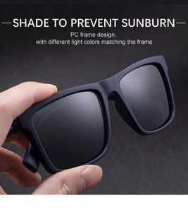 Close-up of lightweight square dark blue PC frame sunglasses for sun protection