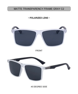 Vues de face et à 45 degrés de lunettes de soleil carrées polarisées gris mat