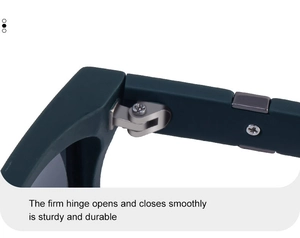 Detail of the sturdy metal hinge on square sunglasses with smooth matte olive frame