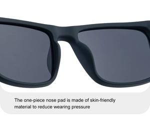 Detail of skin-friendly one-piece nose pads on matte black square polarized sunglasses