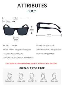 Detailed size chart and technical specifications for square polarized sunglasses model LF-8349