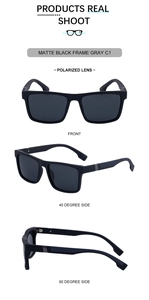 Detailed views of matte black polarized sunglasses with square frames and anti-slip temples