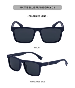 Detail view of matte blue polarized sunglasses with grey lenses and textured temples