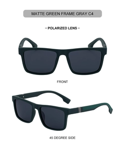 Detail of square polarized sunglasses with matte green frame and textured anti-slip temples
