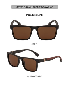 Detail view of square polarized sunglasses with matte brown frames and mesh patterned temples
