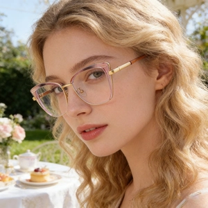 Detail of cat eye glasses frame with gold metal and purple transparent finish