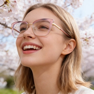 Detail view of pink gradient cat-eye glasses worn by a model in a floral outdoor setting