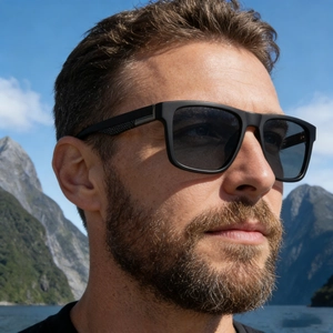 Close-up of black square polarized sunglasses on male model with snowy mountain background