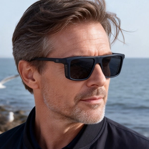 Detail view of square matte black sunglasses with side shield on beach background