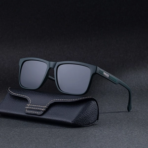Men's square polarized sunglasses in matte dark green with a leather protective case