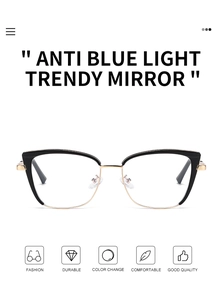Detail of trendy black and gold cat-eye glasses with anti-blue light and photochromic lenses
