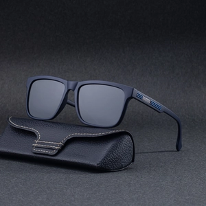 Polarized square sunglasses for men with blue frame and textured leather case