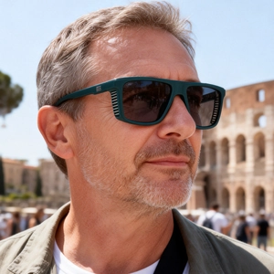 Men's fashion square polarized sunglasses with teal matte frames and metal temple accents