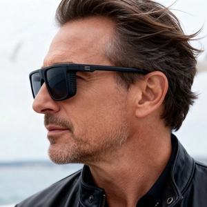 Side view of square punk sunglasses with side vent details on a male model in a leather jacket