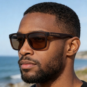 Detail of square polarized sunglasses with brown frame and woven metal accents on man