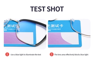 Detail showing anti-blue light lens test with black and gold frame glasses