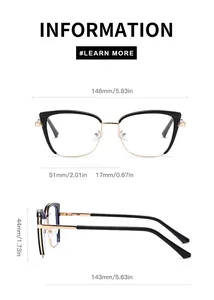 Size chart showing 148mm width and 44mm height for cat-eye optical eyeglass frames