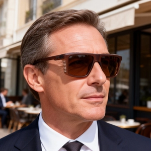 Close-up of stylish brown polarized sunglasses on a model in an outdoor city setting