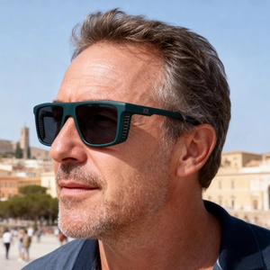 Detail of square polarized sunglasses with dark green frames and striped temple hinges