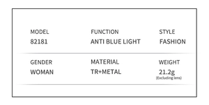 Detailed specs for model 82181 cat-eye glasses made of TR and metal material