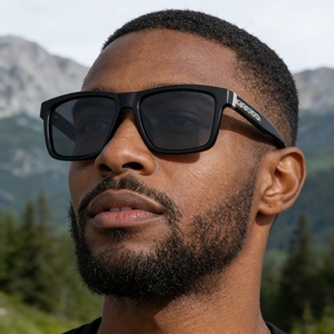 Outdoor close-up of men's black square polarized sunglasses with textured metal temple details