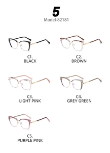 Cat eye glasses frames shown in five stylish colors from black to soft pink