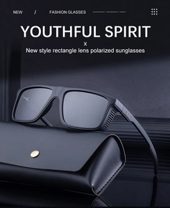 Detail of square polarized sunglasses with matte frame and textured H temple design