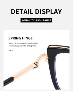 Detail display of durable gold spring hinge on black cat eye eyeglass frames