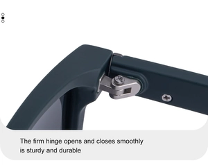 Detail of sturdy silver metal hinge on dark green matte square polarized sunglasses