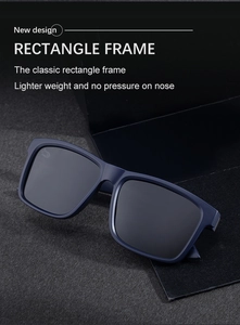 Detail view of lightweight navy blue rectangle frame sunglasses with polarized lenses