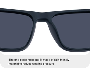 Detail of square sunglasses showing skin-friendly one-piece nose pads for comfort