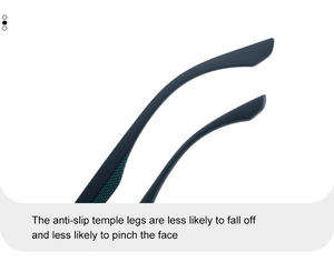 Detail of anti-slip temple tips with textured silicone for secure sunglasses grip