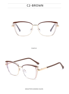 Detail view of cat eye optical frames in brown and gold showing front and side profile