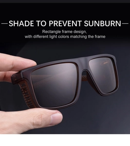Detail view of square matte rectangle sunglasses with functional side shields for wind protection