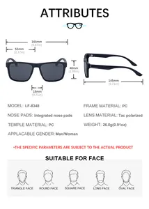Detailed size chart for retro polarized square sunglasses showing dimensions and face fit