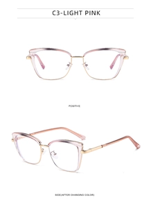 Cat eye glasses frames for women in light pink showing photochromic effect side view
