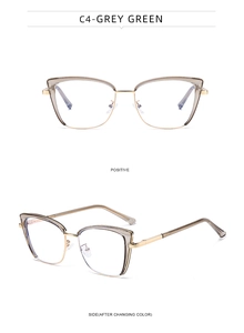 Detail view of cat eye glasses frames in grey green with gold metal accents