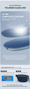 Close-up of polarized glass lens with UV400 coating and functional test card verification