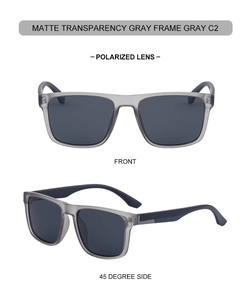 Front and 45-degree side views of matte transparent gray square polarized sunglasses