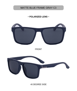 Macro view of matte blue polarized sunglasses featuring textured anti-slip temple arms