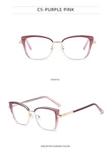 Detail view of cat eye optical frames in C5 purple pink gradient and gold metal