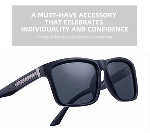 Detail view of square sunglasses with a silver textured geometric metal inlay on temple