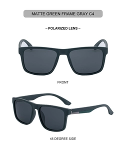 Front and side view of matte green square polarized sunglasses for men with gray lenses