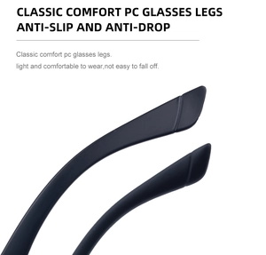 Detail of matte black PC temple tips featuring non-slip design for secure eyewear fit